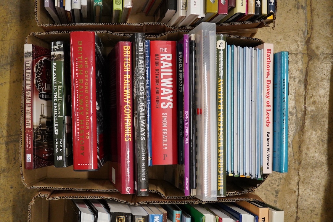 Four boxes of railway, etc. related books, subjects include; General Electric Locomotives, railway models, British Railway companies, traction engines, etc., publishers include; Pen & Sword, Ian Allan, Schiffer, etc.